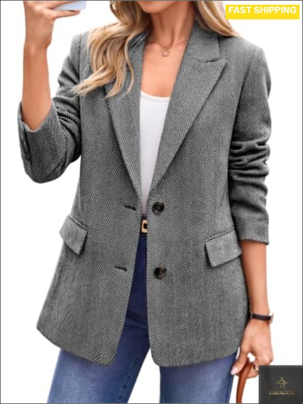 Womens Houndstooth Blazer Suit Jacket Herringbone Business Casual